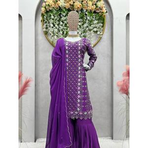 Floral Print Organza <b>Party</b> Wear <b>Top</b>-Bottom and Plazzo with Thread and Sequence Work Natural Waistline - Product Image 1