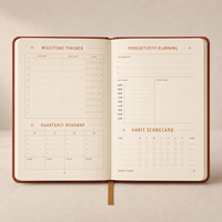 Carnet de planification et de suivi des objectifs LABON, en cuir végétalien PU couleur terre cuite, couverture rigide, pour la réalisation de vos objectifs et l'optimisation de votre productivité.