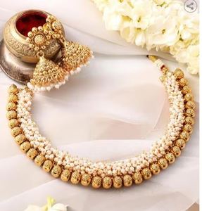 Gold Plated Zircon Necklace Earring Headpiece <b>Set</b> Imitation <b>Pearl</b> Beads Flower Design Classic Ethnic Wedding <b>Jewelry</b> Third Party - Product Image 2