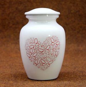 White Porcelain Pet Urn With Red Heart Butterfly Design Teardrop Shape Airtight Lid Simple Style - Product Image 1