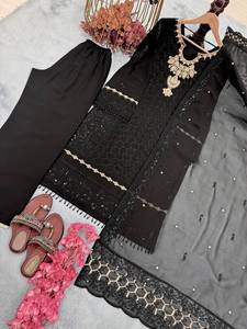 Elegant White Silk Salwar Kameez With Blue Dupatta Embroidered Ankle-Length Women's <b>Wedding</b> Wear India Pakistan Regular Fit - Product Image 5