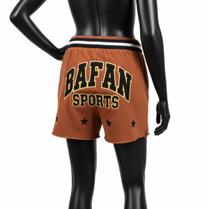 Shorts de baño para mujer, 230 GSM, suaves, de poliéster y algodón, color naranja óxido, cintura elástica, con logo bordado en chenilla. - Product Image 2