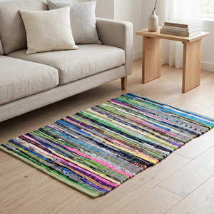 2' x 3' Teal Recycled Cotton Accent Rug with Fringe for Entryway Bedroom Bohemian & Scandinavian Home - Product Image 5