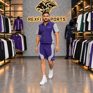 REXFIT SPORTS 2026 Conjunto Deportivo Personalizado Morado y Gris de Nylon, Chaqueta de Manga Corta con Cierre Completo y Pantalones Cortos, Ropa Deportiva Urbana de Dos Piezas - Product Image 1