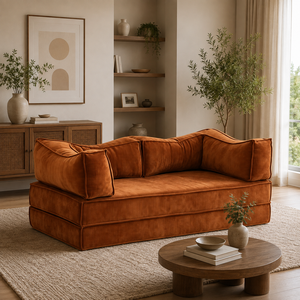 Rust Orange Corduroy Sofa | 3 Seater Upholstered Couch with Deep <b>Cushions</b> Modern Living Room Home Furniture Lounge Seating Decor - Product Image 1