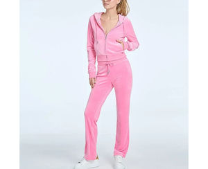 Ensemble de survêtement en velours avec logo personnalisé, sweat à capuche en coton et fermeture éclair, pour femme - Product Image 4