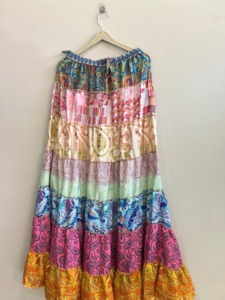 Jupe longue bohème patchwork pour femme, taille élastique, volants, longueur ras du sol, en mousseline d'été, coupe trapèze imprimée - Product Image 6