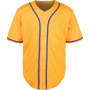 Maillot de baseball unisexe jaune doré en maille ouverte avec passepoil violet, uniforme classique entièrement boutonné, tendance du moment - Product Image 1