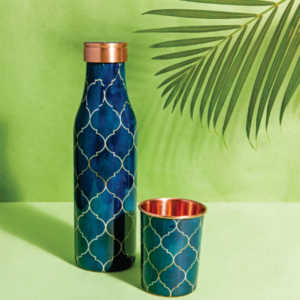 Ensemble de bouteilles d'eau en cuivre pur faites à la main avec 2 verres, imprimés, vaisselle ayurvédique, coffret cadeau de luxe en velours, bouteille d'eau - Product Image 6