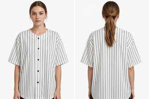 Camiseta de béisbol a rayas de talla grande para mujer, manga corta, con botones, sin cuello - Product Image 5