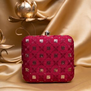 Red Based <b>Silver</b> Sequins Embroidery <b>Clutch</b> Bag Elegant Designer Evening Purse for Women Events - Product Image 1