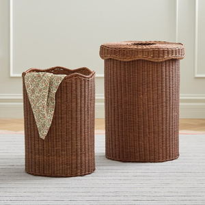 Tall fine-woven brown <b>wicker</b> <b>laundry</b> <b>basket</b> with wavy scalloped rims and matching fitted lids, available at wholesale prices. - Product Image 1