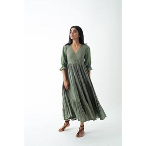 High Quality Olive Green A-Line Maxi <b>Dress</b> V-Neck Three Quarter Sleeve <b>Ruffles</b> Rayon Chiffon Breathable Summer Style Women - Product Image 1
