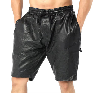 Shorts Bermuda pour homme en PU noir avec empiècements en mesh, taille à cordon de serrage, style décontracté - Product Image 1
