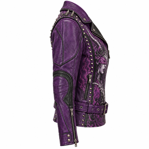 Veste en cuir violette pour femme, style motard, avec imprimé graphique 'Horned Queen', ceinturée, col à revers, cloutée et à pointes, Offre d'usine - Product Image 3