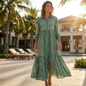 Falda Larga con Estampado Paisley Vintage Bohemio para Mujer |   Vestido largo maxi con mangas largas, dobladillo escalonado y cintura imperio, estilo holgado. - Product Image 4