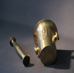 Solid dark antique brass mortar pestle set with flared base for spice grinding, available at wholesale prices. - Product Image 6