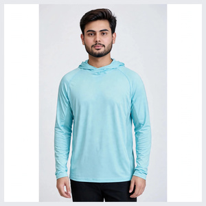 Chemise à manches longues à capuche pour homme, bleu clair, UPF 50, couleur unie, séchage rapide, spandex/polyester, respirante, boutons pression, vêtements de pêche - Product Image 1