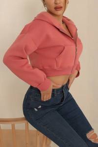 Sweat à capuche rose pour femme, coupe classique, manches longues, couleur unie, double fermeture éclair, décontracté, pour l'automne - Product Image 1