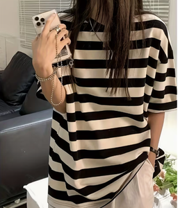 Women <b>Red</b> White Striped Short Sleeve ONeck <b>TShirt</b> Loose Fit Casual Top Spring Summer 100% Cotton Knitted Breathable Daily Wear - Product Image 6