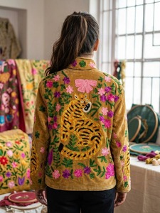 <b>Women</b>’s Embroidered <b>Velvet</b> <b>Jacket</b> with Tiger and Floral Applique, Stand Collar Long Sleeve Fashion <b>Jacket</b> - Product Image 4