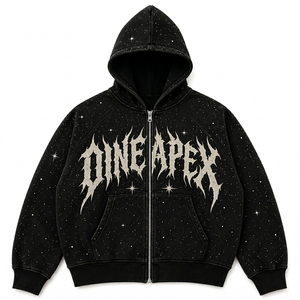 Sudadera con capucha negra para hombre, con cremallera, lavado ácido, estampado gráfico de estrellas, estilo oversize, ropa urbana, fabricante de ropa personalizada - Product Image 1