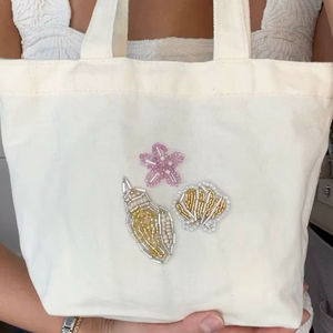 Bolso de mano de lona de algodón de moda con bordado de conchas marinas y cuentas, reutilizable para compras, playa, viajes, hombro, para mujer, bolsa de supermercado - Product Image 1