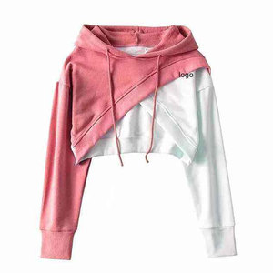 Sweat-shirt court à capuche pour femme, 100 % coton écologique, manches longues, couleur unie, tricoté, style décontracté - Product Image 3