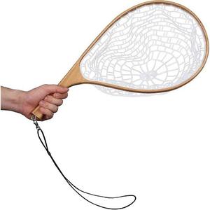 Épuisette de pêche à la mouche en bois à prix abordable avec filet en nylon et maille, et crochet de suspension long et élastique - Product Image 5