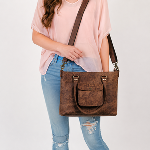 Distressed Brown Leather Tote Crossbody Bag Vintage <b>Shoulder</b> Handbag With Front Pocket And Adjustable <b>Strap</b> - Product Image 4