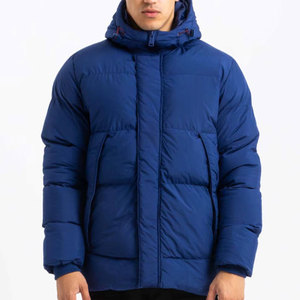 Chaqueta Acolchada Azul con Capucha para Hombre, Cortavientos, Rellena de Plumón, Abrigo Casual de Invierno, Corte Regular, Cierre de Cremallera, Color Sólido, Gruesa y Aislada - Product Image 1