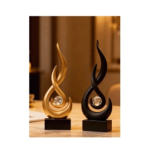 Ensemble de sculptures modernes abstraites en forme de flamme, statues en céramique or et noir de luxe, centre de table contemporain en sphère de cristal, art - Product Image 4
