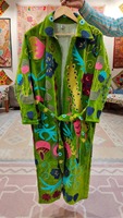 Robe Kimono Longue en Velours de Coton Fait Main, Col en V, Manches Longues, Imprimé Floral, Poches en Dentelle, Taille Naturelle, Vente en Gros Fabricant