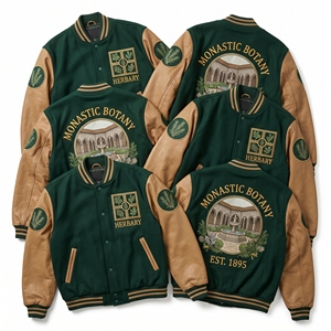 Chaqueta universitaria al por mayor, color granate, cuerpo de lana, mangas de cuero color canela, con bordado 'Waterway Union Towpath Walks Canal Boat', tipo Letterman - Product Image 6
