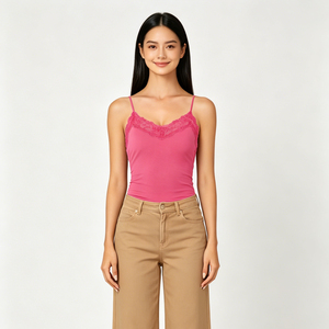 Women's Pink Lace Trim <b>Spaghetti</b> <b>Strap</b> <b>Tank</b> <b>Top</b> Casual V-Neck Knitted Solid Color Breathable Camisole - Product Image 4