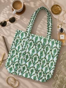 Indian Hand Block Printed Quilted Cotton Fold Shoulder <b>Bag</b> Handmade Eco-Friendly Water Resistant <b>Foldable</b> Shopping <b>Beach</b> Handbag - Product Image 6