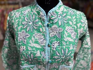 Green Floral Printed <b>Quilted</b> Cotton <b>Jacket</b> With Mandarin Collar Full Sleeve Autumn Women's Wear GIFT FOR HER - Product Image 4