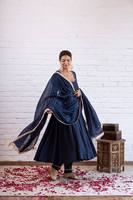Salwar Kameez traditionnel bleu marine en coton avec bordure dorée, coupe ample, longueur cheville, vêtements décontractés pour femmes, style Inde Pakistan