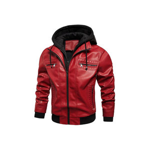 Red PU Leather Hooded <b>Jacket</b> Moto Style Zipper Closure Men's <b>Slim</b> <b>Fit</b> Autumn <b>Jacket</b> - Product Image 1