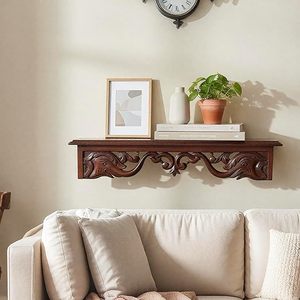 Vintage Hand Carved Wooden Floating <b>Shelf</b> Antique Brown <b>Wall</b> <b>Mounted</b> Corbel Display Rack Detachable Design Baking Paint Finish - Product Image 3
