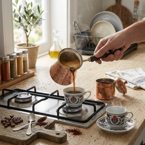 Cafetière turque en cuivre faite à la main, Cezve Ibrik avec poignée en bois, design traditionnel, forme ronde pour la préparation du café - Product Image 4