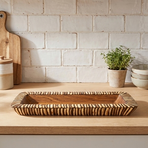 Food Grade Suar Wood With White Coconut <b>Shell</b> Inlay Weaving Motif Small Serving Tray <b>Light</b> Brown Twenty Three Point Five Cm Size - Product Image 2