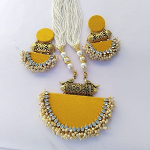 handmade fabric coin pendant multi strand pearl <b>necklace</b> set with <b>matching</b> stud earrings and beaded bangles jewellery - Product Image 1