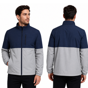 Chaqueta Softshell de Alta Calidad para Hombre en Azul Marino y Gris Claro con Bloques de Color, Cuello Alto, Cierre de Cremallera Frontal, Resistente al Viento, Informal para Uso en Exteriores - Product Image 4