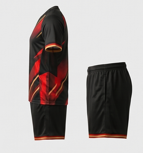 Maillot de football col en V manches courtes noir et rouge imprimé géométrique, en polyester anti-humidité, coupe athlétique toutes saisons - Product Image 5
