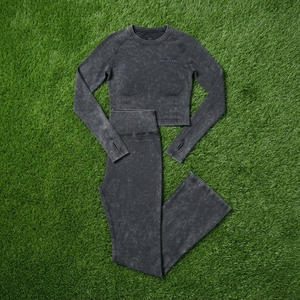 Women <b>Black</b> Acid Wash Long Sleeve Crop Top Flare <b>Leggings</b> Set High Waist Gym Yoga Workout Activewear - Product Image 4