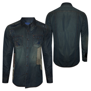 Chemise-veste en jean classique pour homme, en denim épais, manches longues, avec poche décorative en cuir, vente en gros - Product Image 1