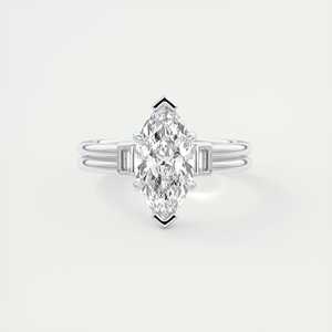 Anillo de compromiso de tres piedras con piedra central marquise de 2.10 quilates y piedras laterales tipo baguette en oro blanco de 14 quilates - Product Image 3