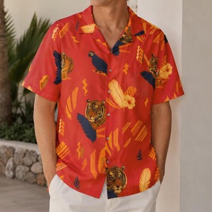 Red Tiger And Parrot Printed Short Sleeve Hawaiian Shirt For Men Summer Vacation Wear Breathable Poplin Fabric Turn-<b>down</b> Collar - Product Image 2
