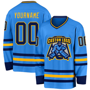 Maillot de hockey sur glace personnalisé unisexe bleu clair marine jaune, impression par sublimation, col en V, manches longues, évacuation de l'humidité, respirant, anti-UV - Product Image 1